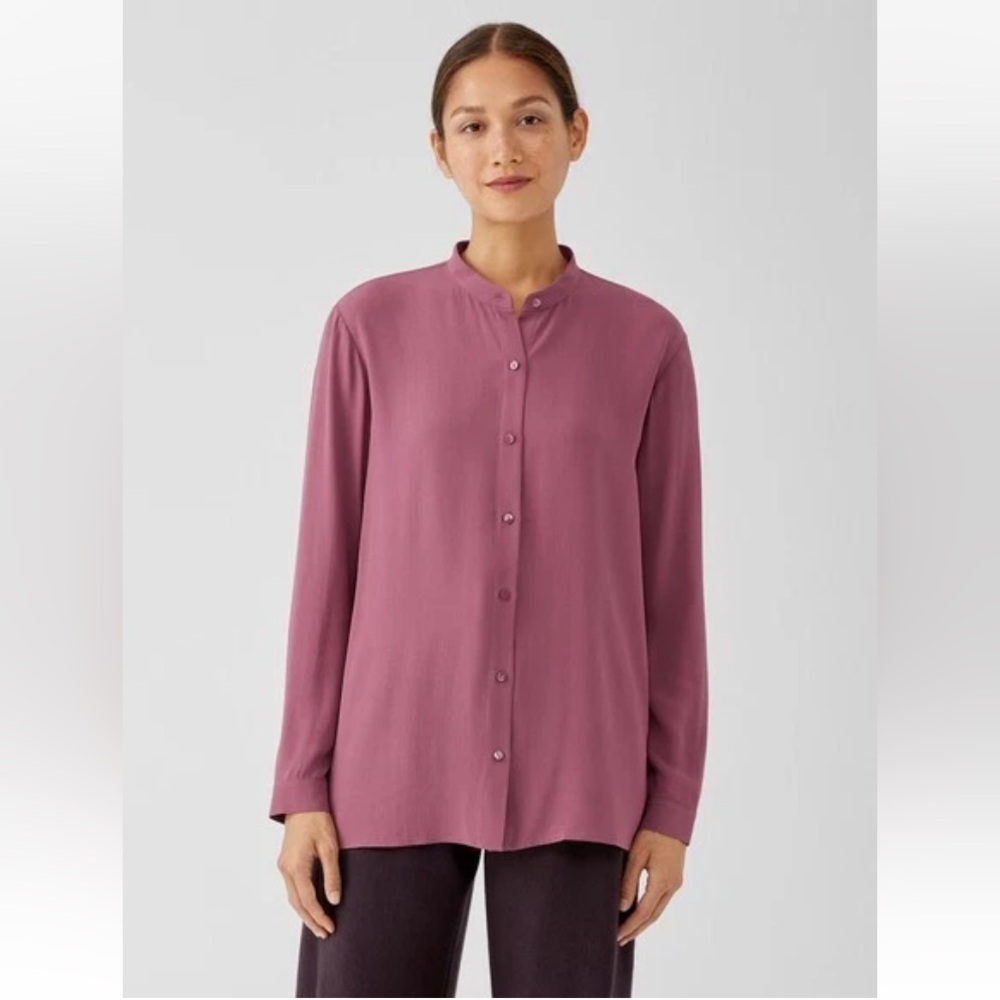 Eileen Fisher Tea Rose Silk Georgette Mandarin Collar Shirt Size M
